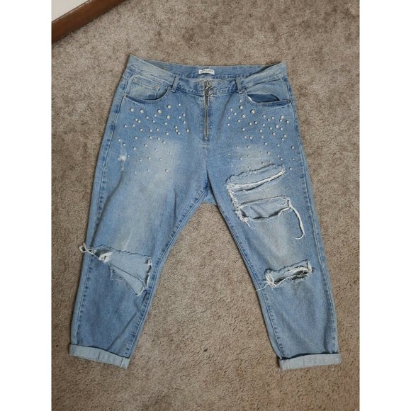 Liquor N Poker Curve Denim Blue Crop Mom Jeans 18 - Picture 2 of 12